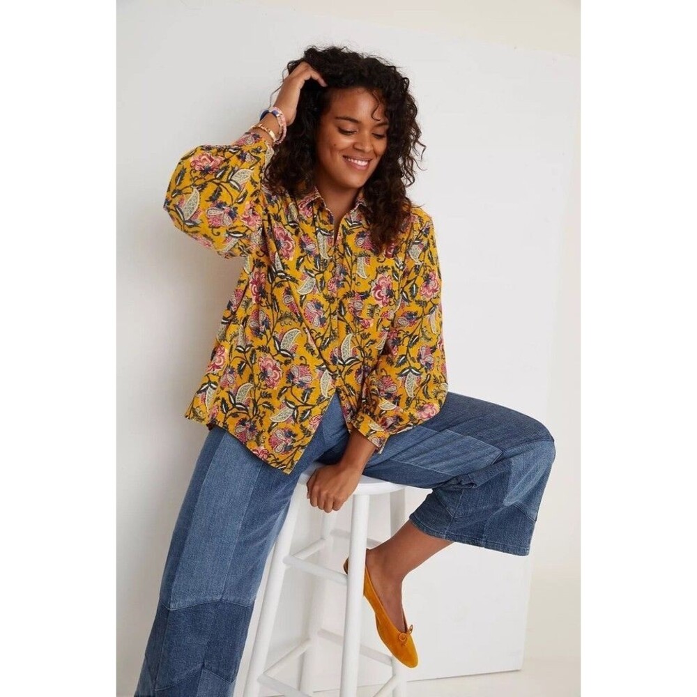 Anthropologie Pilcro Women's Large Yellow Floral Sigourney Corduroy Button Shirt